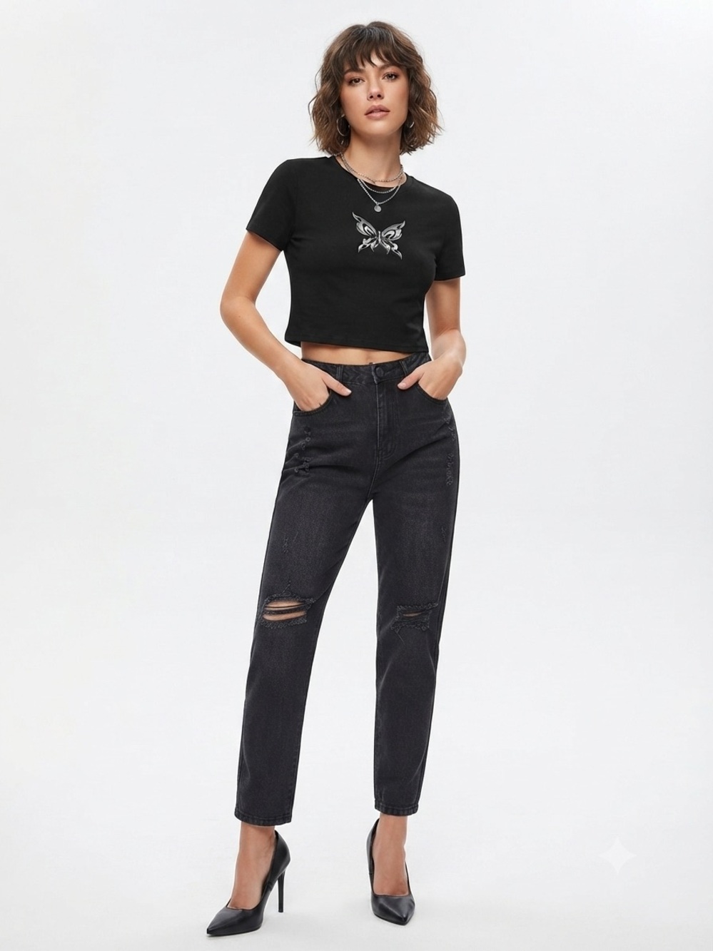 FULL TILT Y2K Chrome Butterfly Women’s Cropped Tee